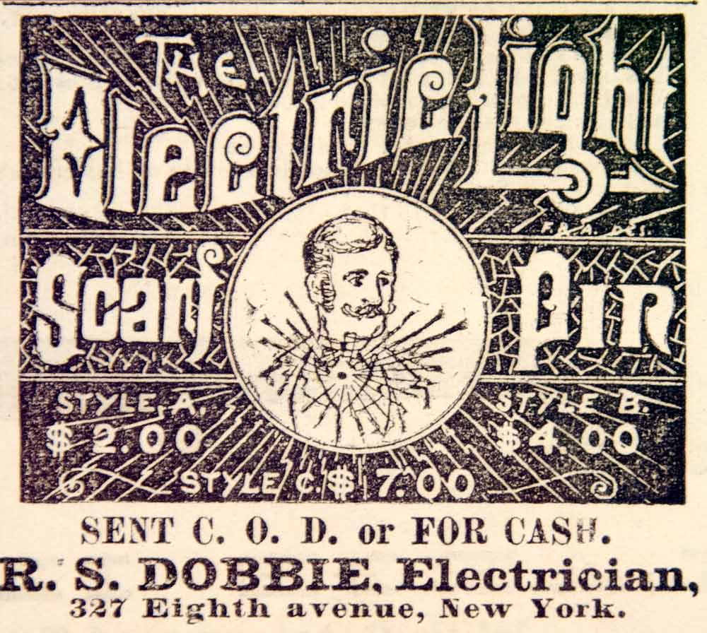 1886 Ad Antique Electric Light Scarf Pin Novelty Jewelry R S Dobbie UNUSUAL YNY1