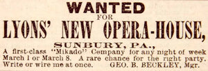1886 Ad Mikado Company Lyons Opera House Sunbury PA Theatre Geo. B. Beckley YNY1