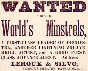 1886 Ad World's Minstrels Leroux & Silvo Vaudeville Acts Agent Paterson NJ YNY1