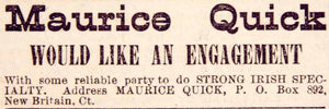 1886 Booking Ad Maurice Quick Irish Specialty Act Vaudeville New Britain CT YNY1
