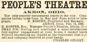 1886 Ad People's Theatre Akron Ohio Vaudeville Entertainment Charles Gilday YNY1
