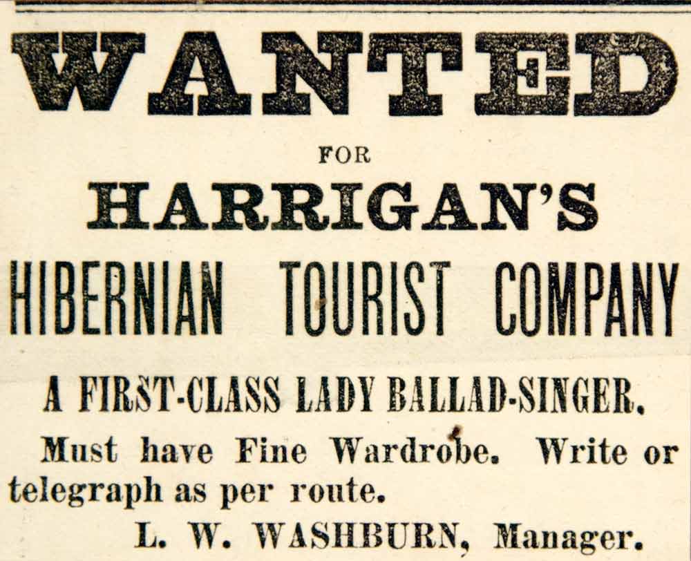 1886 Ad Harrigan's Hibernian Tourist Company Vaudeville Act L. W. Washburn YNY1