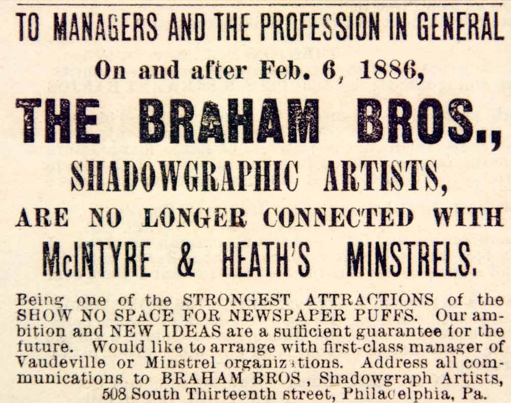 1886 Booking Ad The Braham Bros Shadowgraph Artists Vaudeville Philadelphia YNY1
