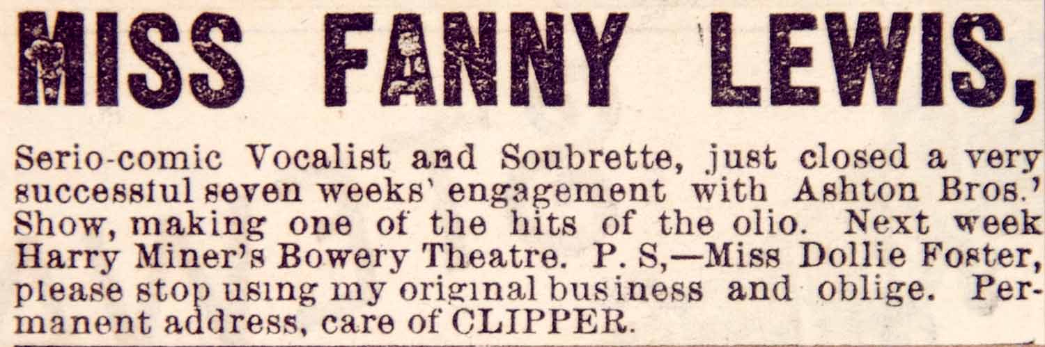 1886 Booking Ad Miss Fanny Lewis Vaudeville Serio-Comic Singer Soubrette YNY1