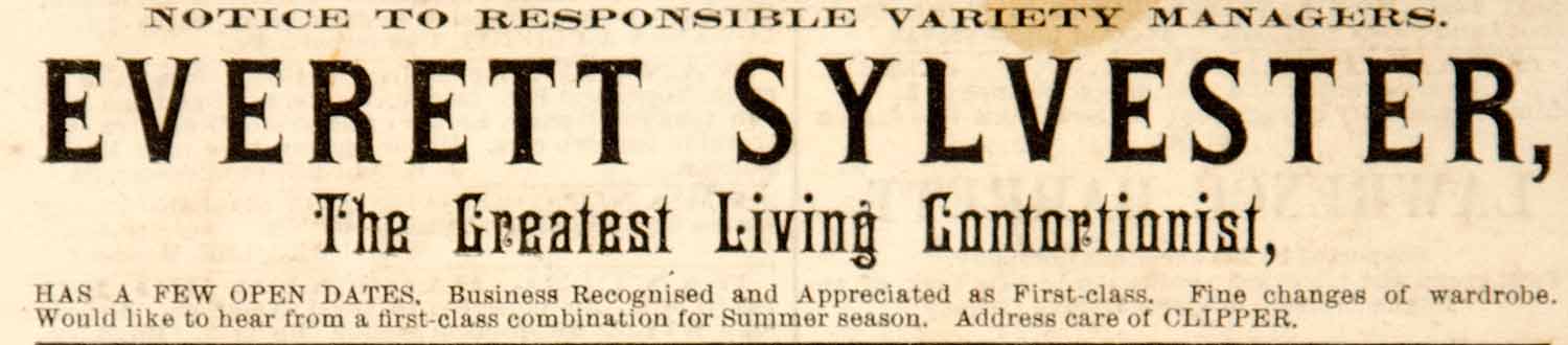 1886 Booking Ad Everett Sylvester Contortionist Circus Vaudeville Performer YNY1