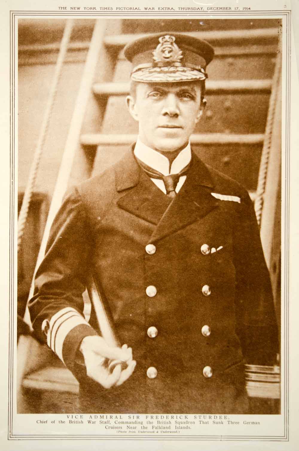 1914 Rotogravure Admiral Sir Frederick Sturdee Battle Falkland Islands WWI YNY2