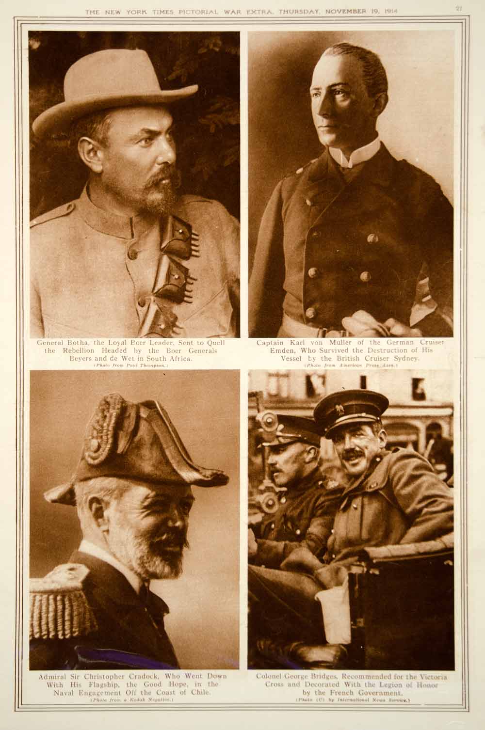 1914 Rotogravure World War I Portrait General Botha Captain Karl von Muller YNY2
