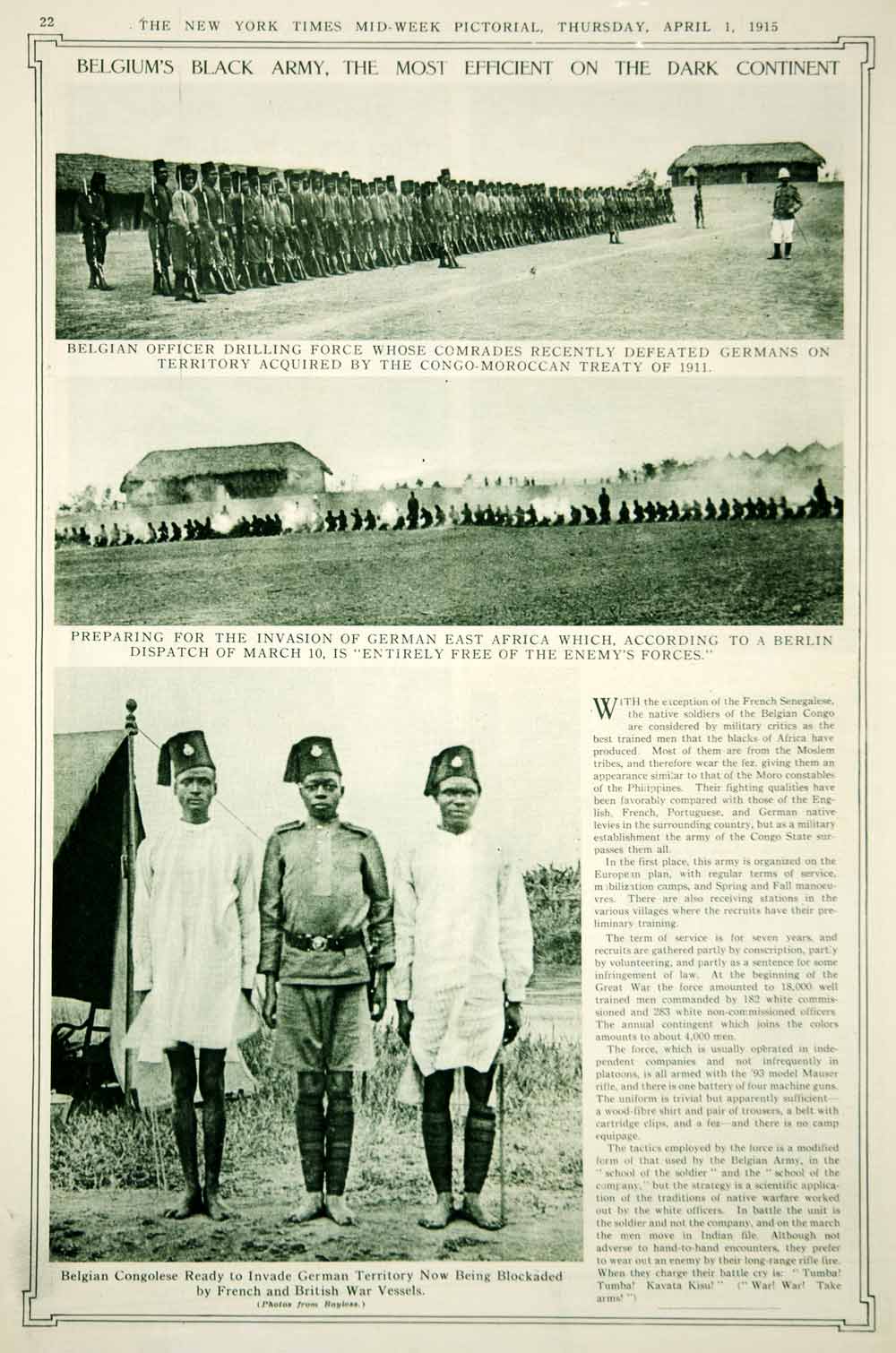 1915 Rotogravure World War I Belgian Congo Army Soldiers Military African YNY2