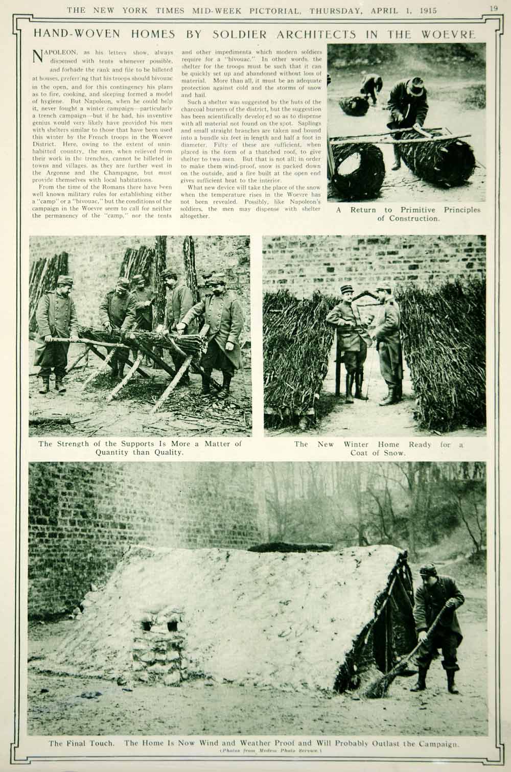 1915 Rotogravure WWI French Soldiers Woevre Constructing Shelter Thatch Hut YNY2