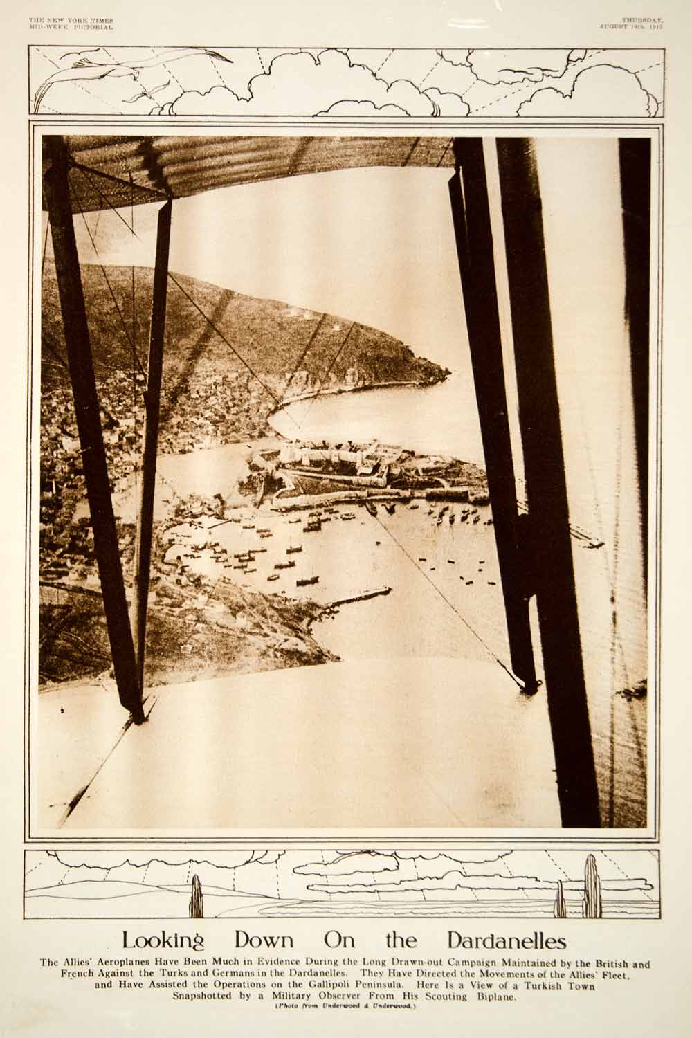 1915 Rotogravure Dardanelles WWI Aerial Biplane View Gallipoli Turkey Town YNY2