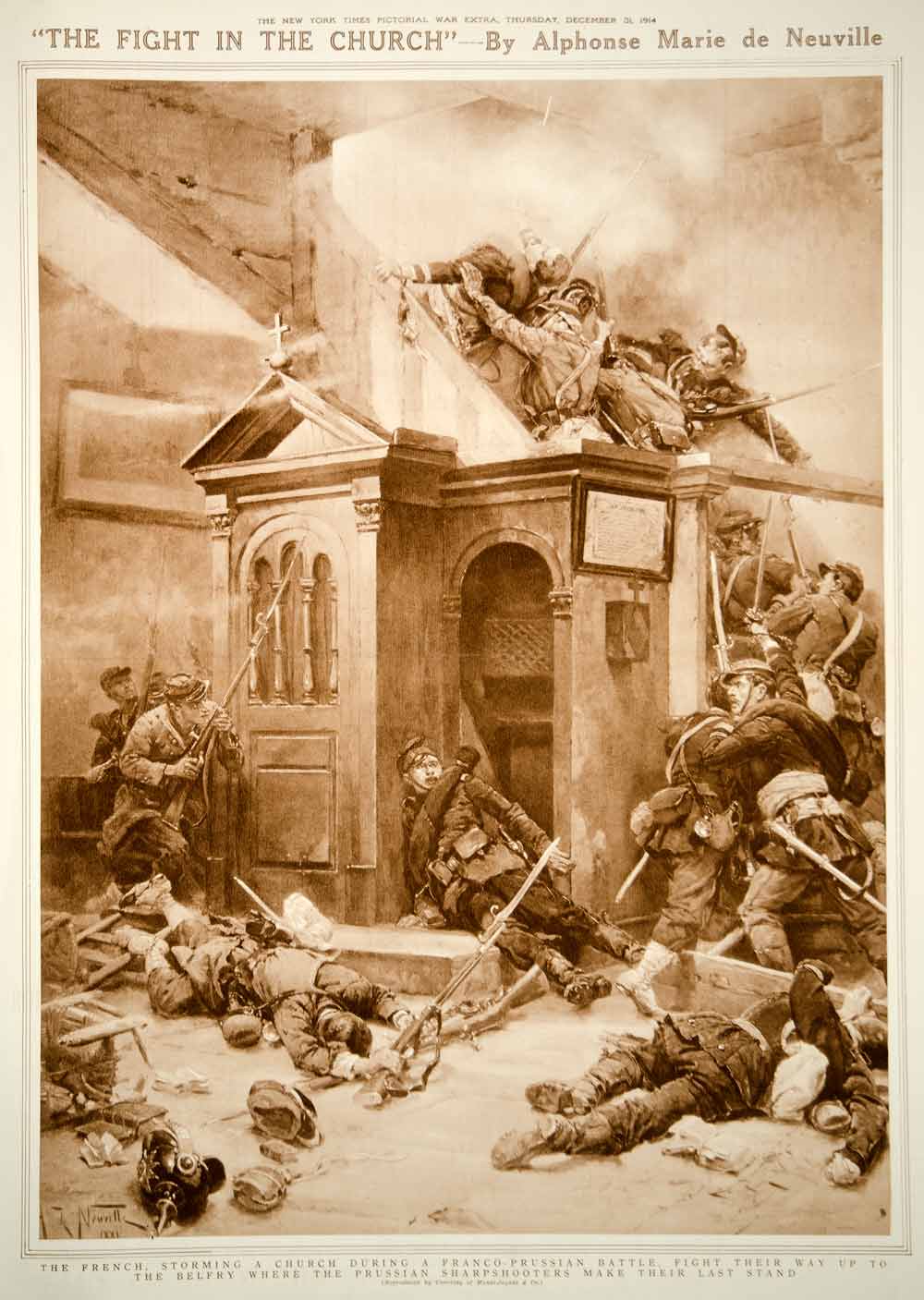1914 Rotogravure Alphonse de Neuville War French Prussian Soldiers Church YNY2