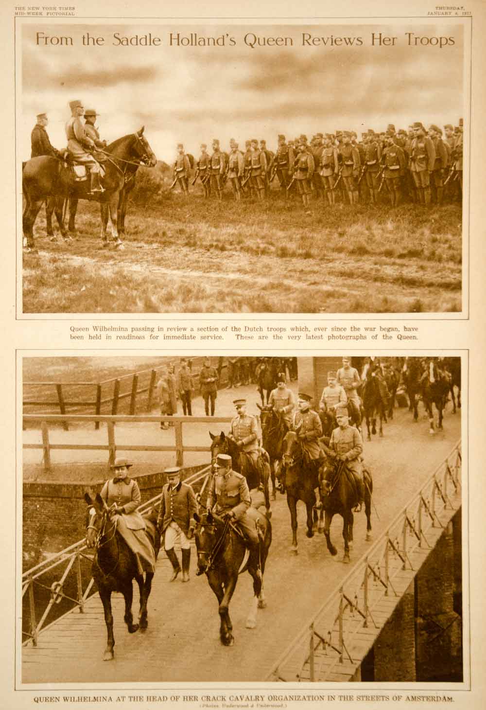 1917 Rotogravure WWI Queen Wilhelmina Netherlands Dutch Troops Soldiers YNY3