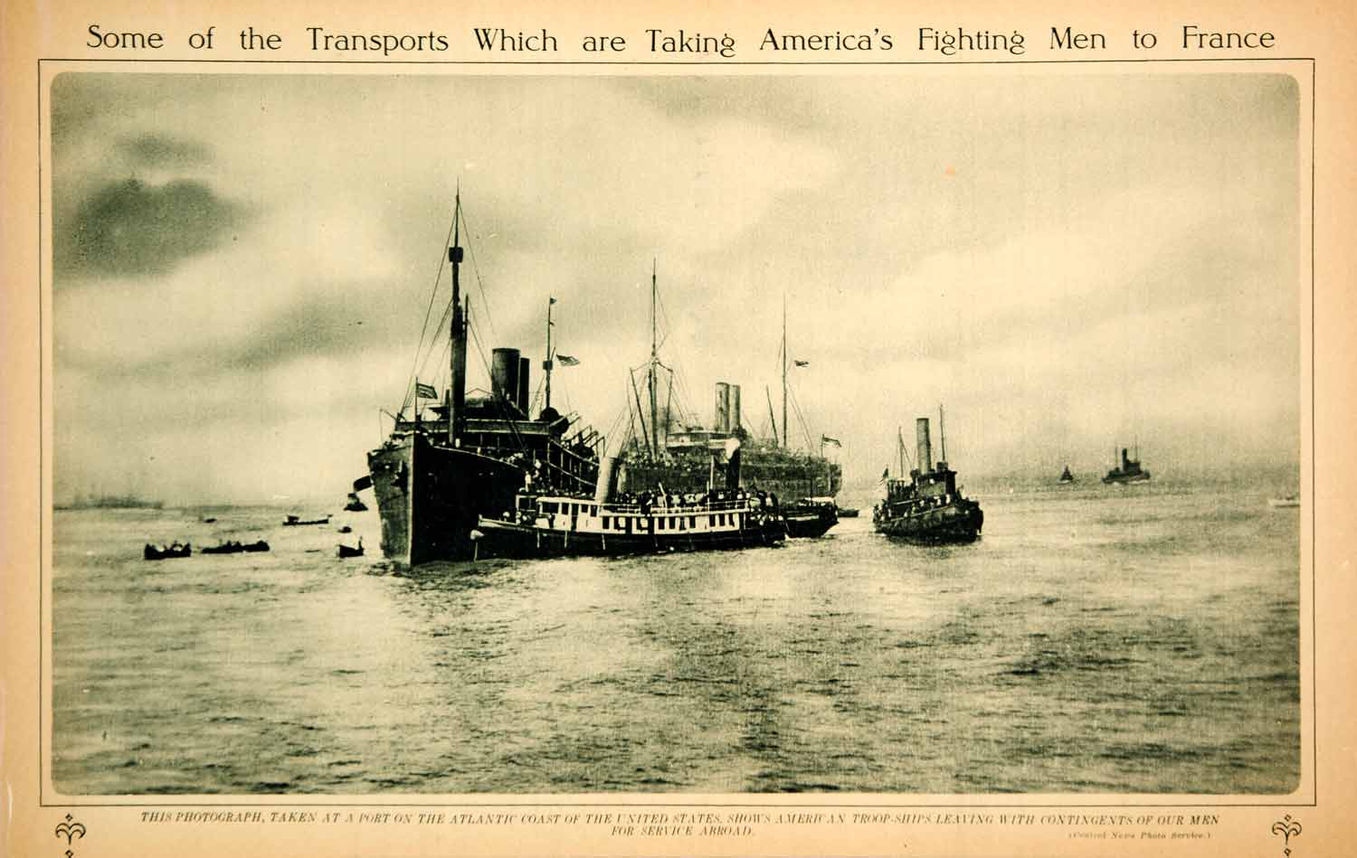1917 Rotogravure World War I U. S. Troop Transports Ships Atlantic Ocean YNY3