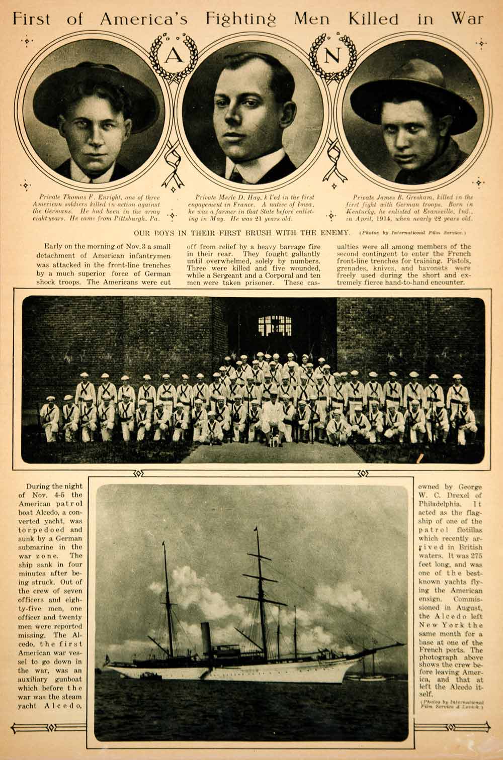 1917 Rotogravure WWI First American Casualties Thomas F Enright Alcedo Crew YNY3