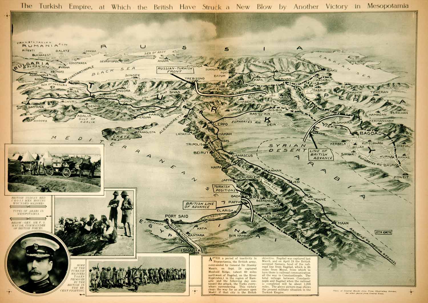 1917 Rotogravure Map WWI Turkish Empire Russian Front Mesopotamia British YNY3