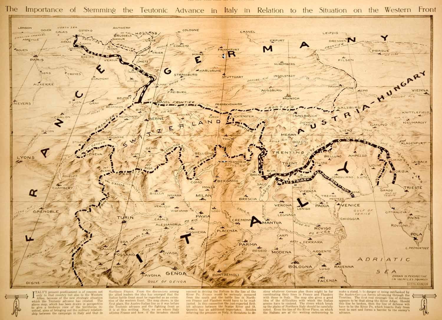 1917 Rotogravure Map World War I Italy Battle Front France Germany Austria YNY3
