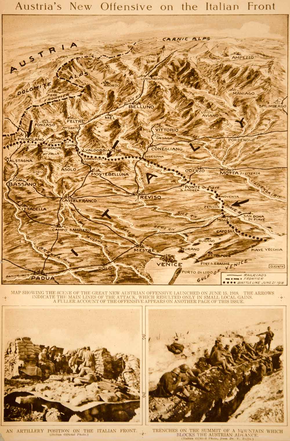 1918 Rotogravure Map World War I Austrian Offensive Italy Front Battle Line YNY4