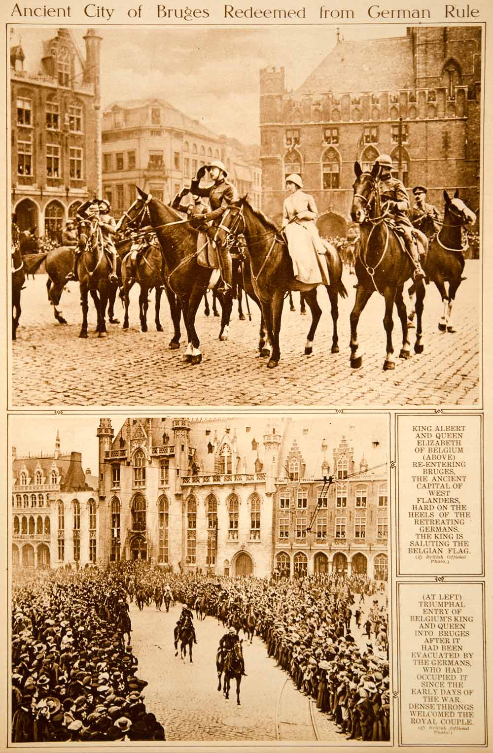 1918 Rotogravure WWI Bruges Belgium Albert I Queen Elizabeth Entering City YNY4