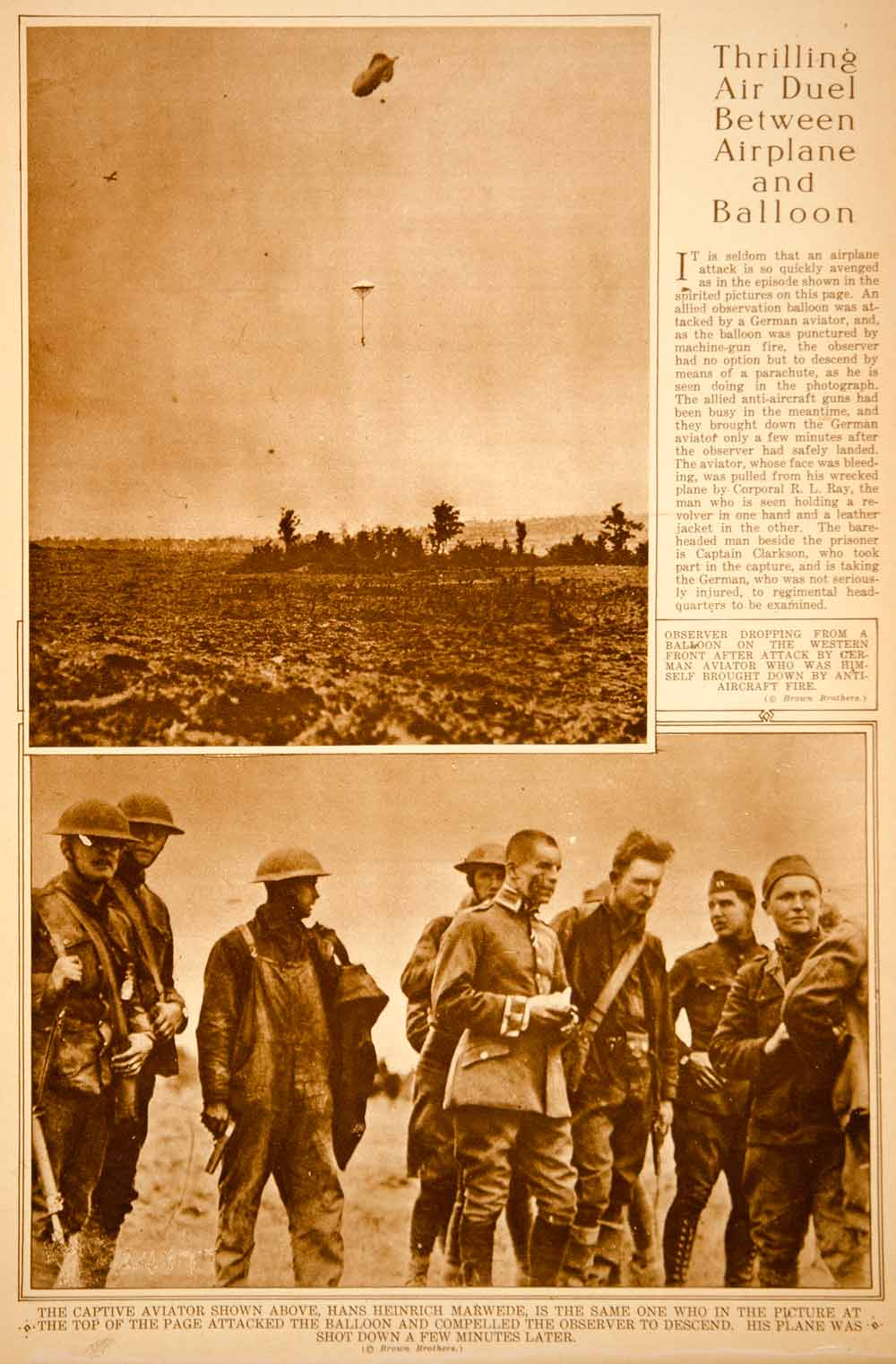1919 Rotogravure WWI Air Fight Observation Balloon Hans Heinrich Marwede YNY4