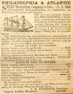 1849 Ad Philadelphia & Atlantic Steamship Travel Cuba Rates Berths Steerage YOA1