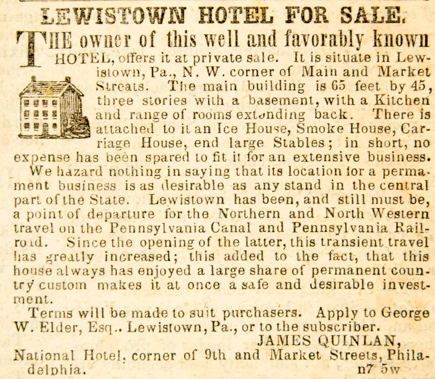1849 Ad Lewistown Pennsylvania Hotel Main Market Streets Business For Sale YOA1