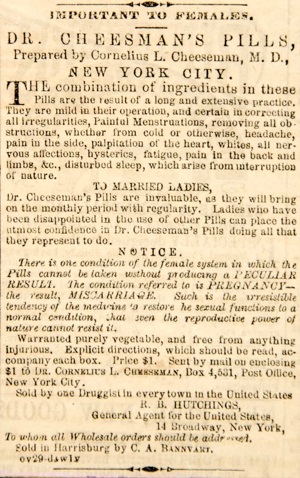 1860 Ad Dr Cornelius L Cheeseman Pills Female Menstruation Medical Quackery YOA1