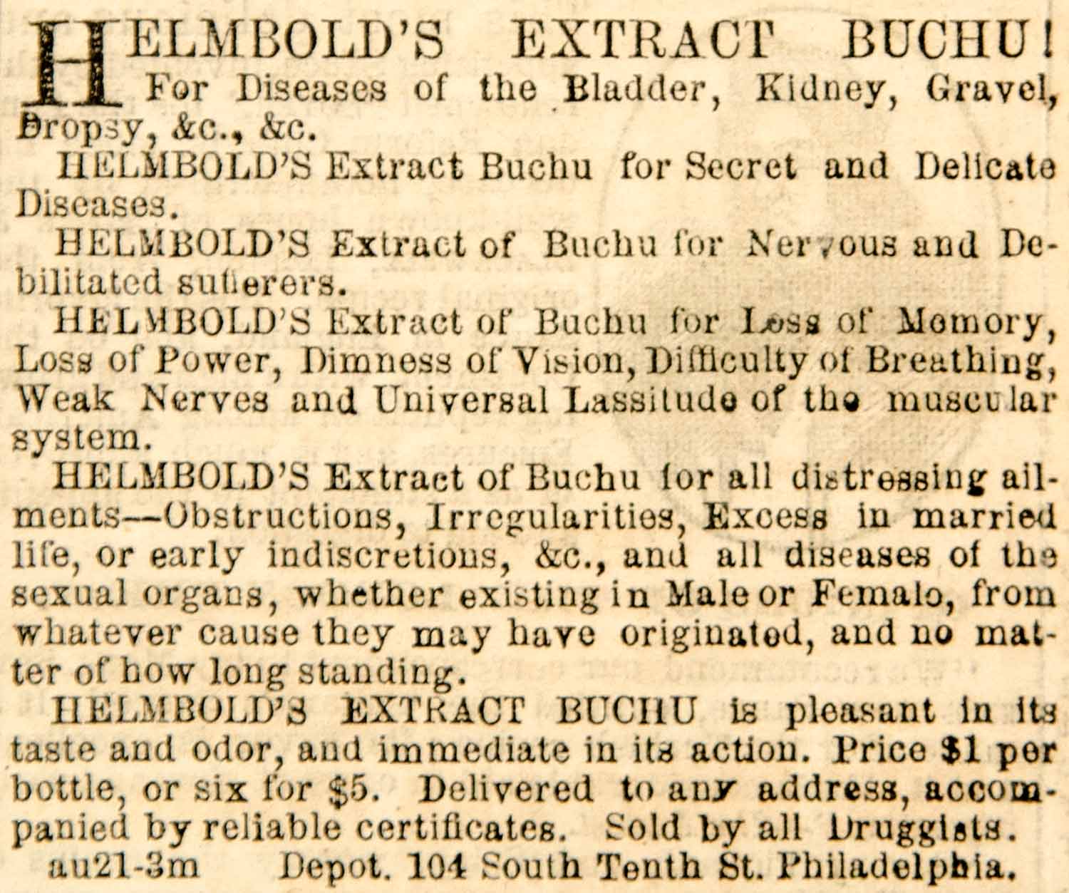 1860 Ad Antique Helmbold's Extract Buchu Medical Quackery Tonic Diseases YOA1
