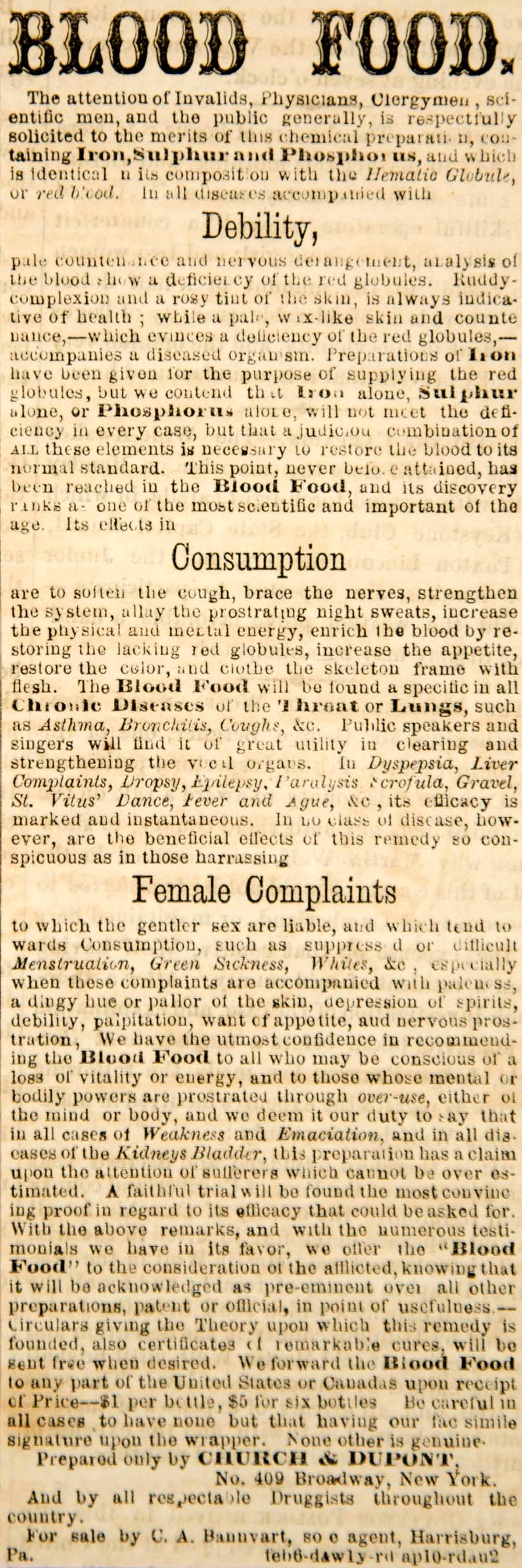1860 Ad Blood Food Medical Quackery Tonic Quack Medicine Female Complaints YOA1