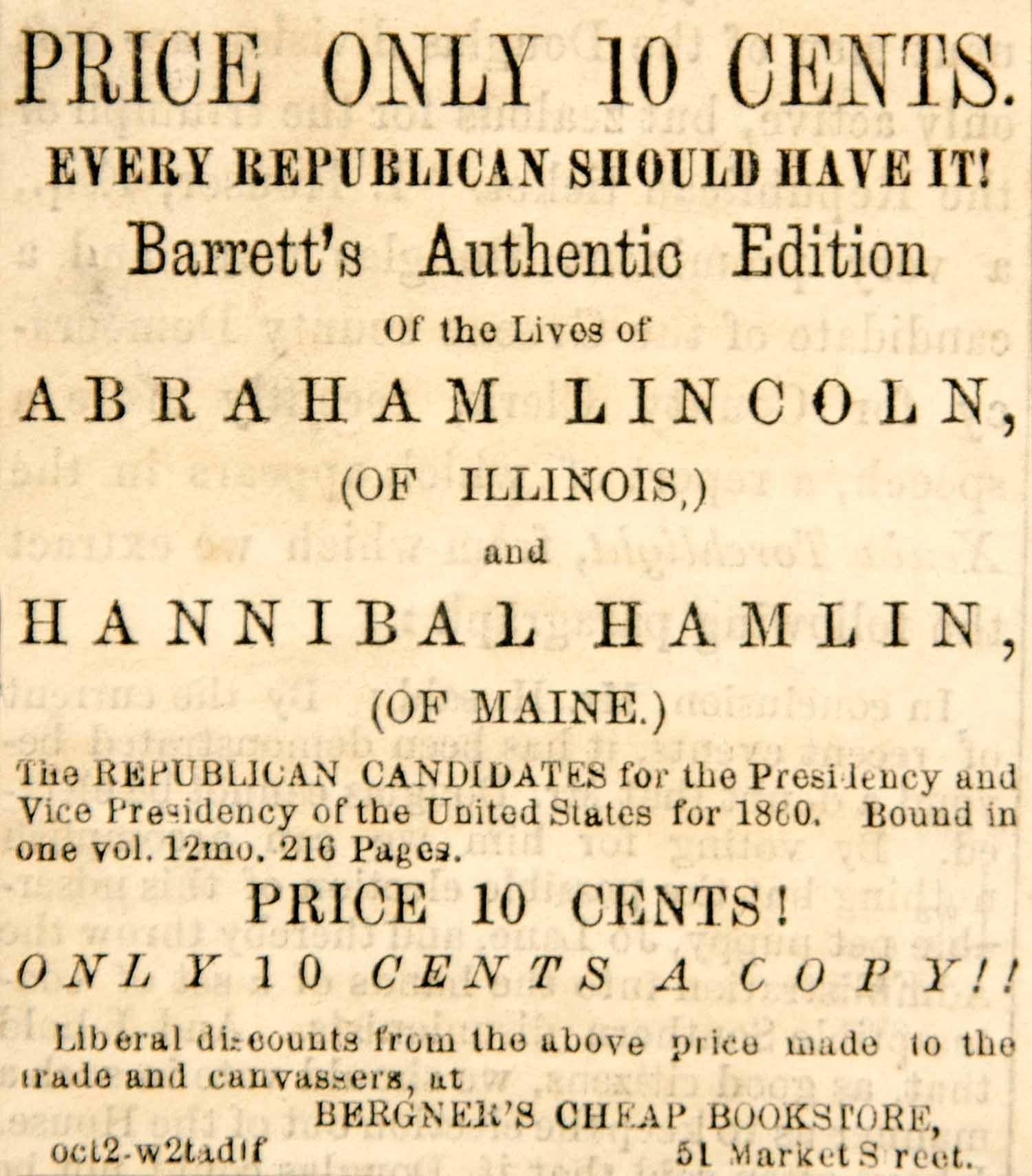 1860 Ad Book Abraham Lincoln Hannibal Hamlin J. H. Barrett Lives Biography YOA1