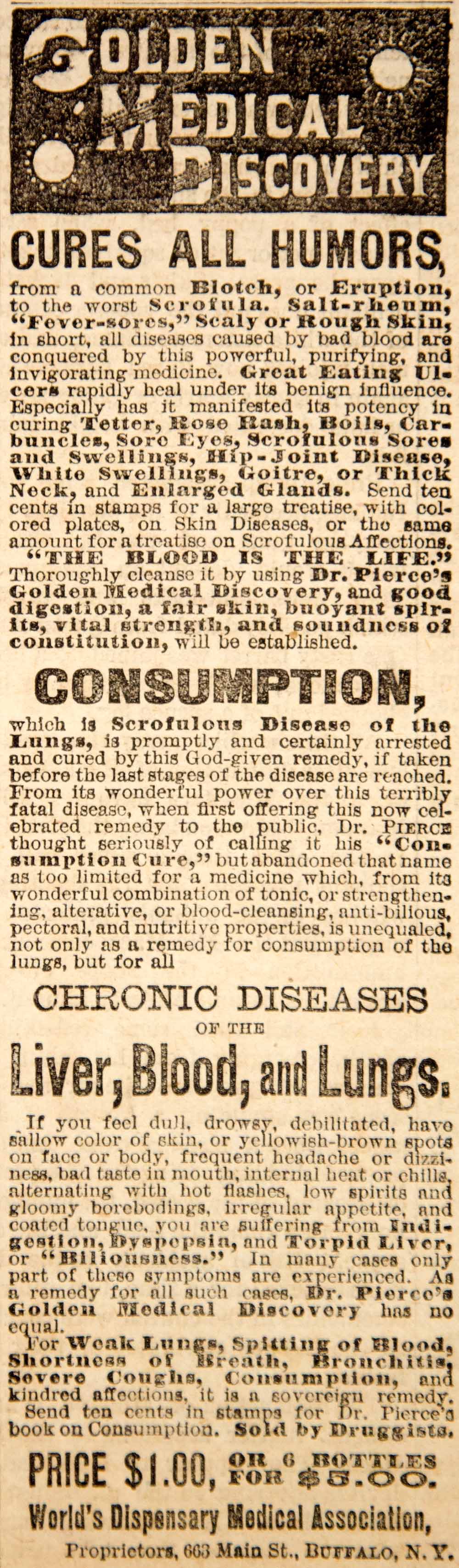 1887 Ad Dr. Pierce's Golden Medical Discovery Quackery Quack Medicine Cure YOA1