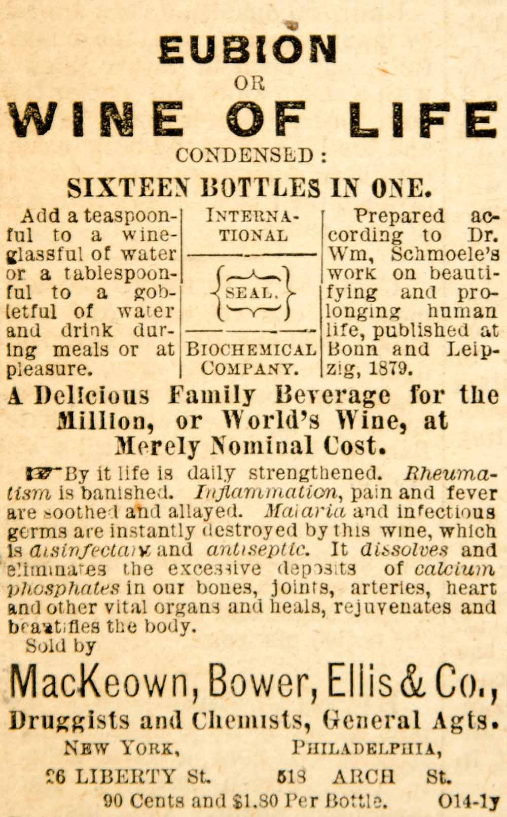 1887 Ad Eubion Wine of Life Medical Quackery Cure MacKeown Bower Ellis Co. YOA1