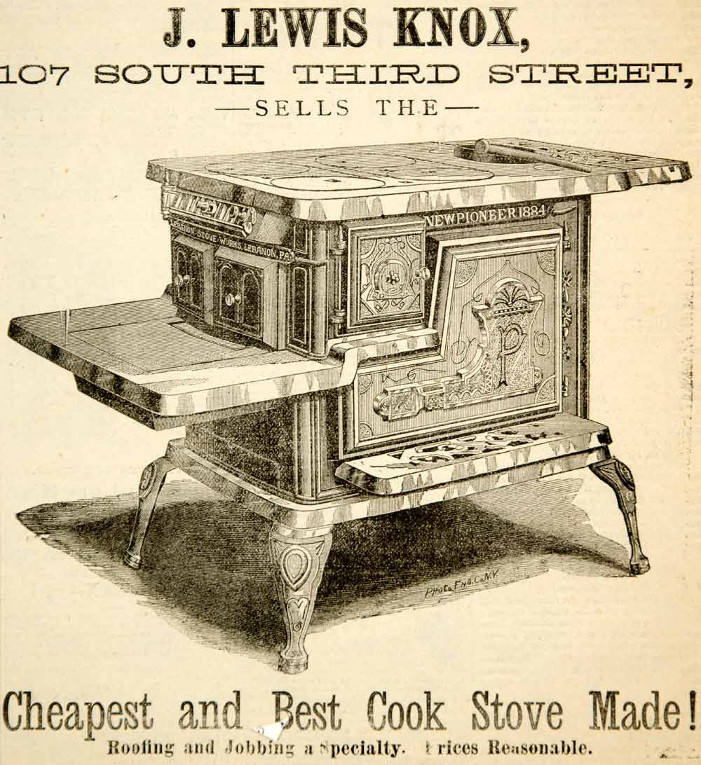 1885 Ad Antique New Pioneer Cook Stove J. Lewis Knox Harrisburg PA Sto –  Period Paper Historic Art LLC