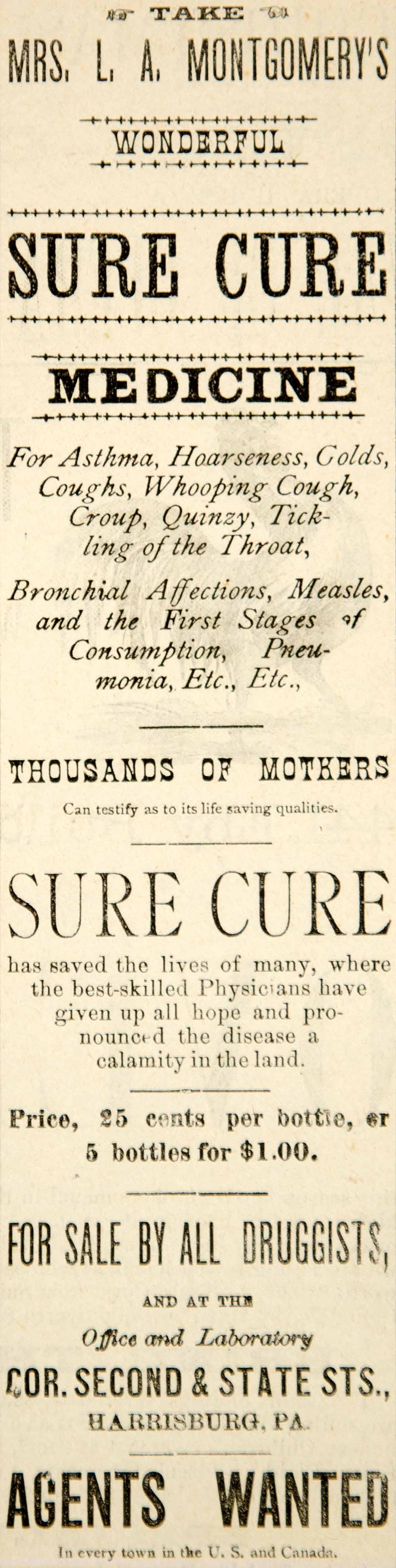 1885 Ad Mrs. L. A. Montgomery's Sure Cure Medicine Medical Quackery Disease YOA1