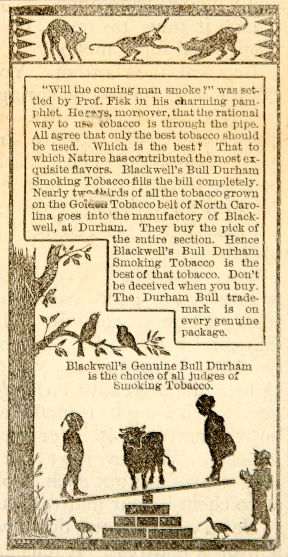 1885 Ad Blackwell's Bull Durham Smoking Tobacco North Carolina Children YOA1
