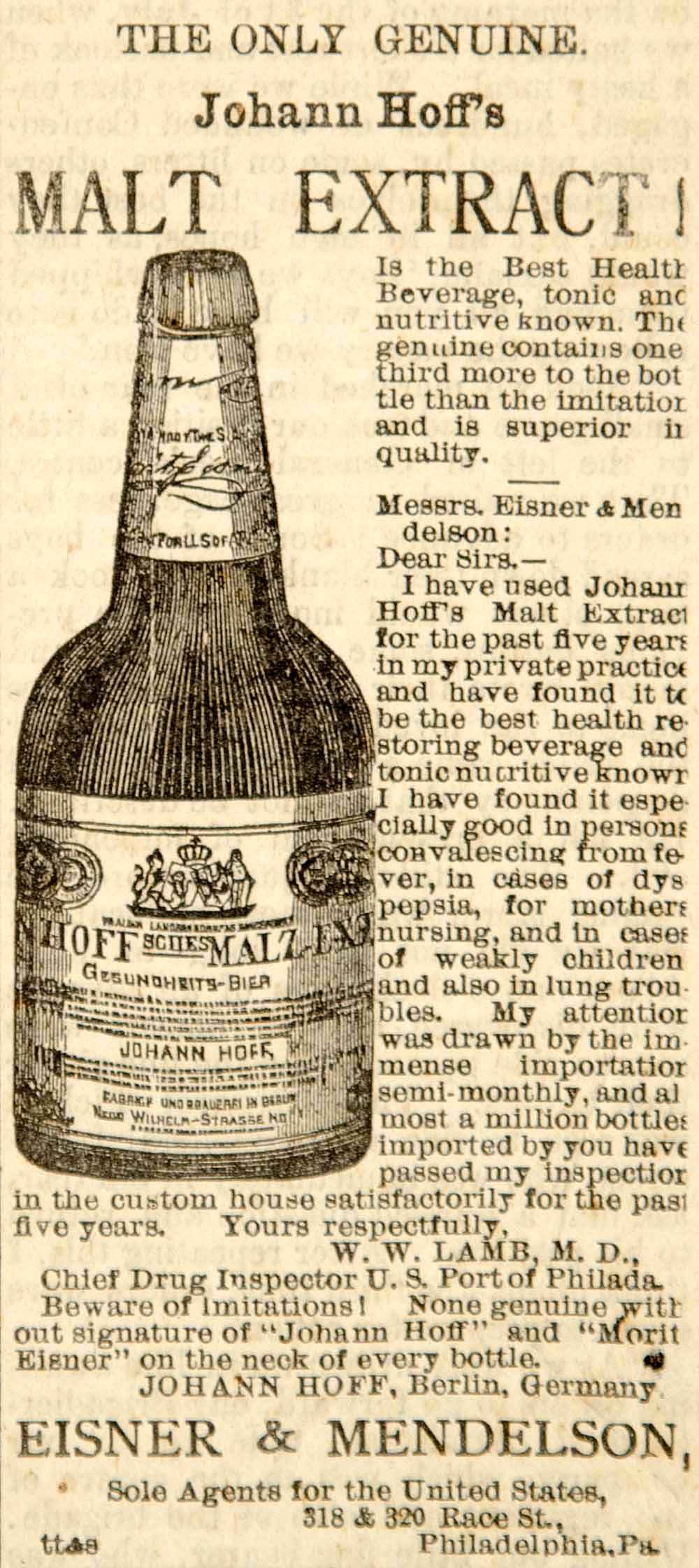 1886 Ad Johann Hoff's Malt Extract Health Tonic Medical Quackery Beer Bier YOA1
