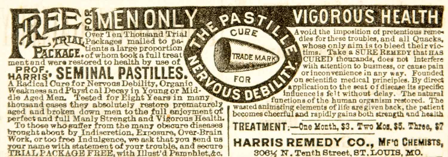 1886 Ad Prof Harris' Seminal Pastilles Men Remedy Medical Quackery Medicine YOA1