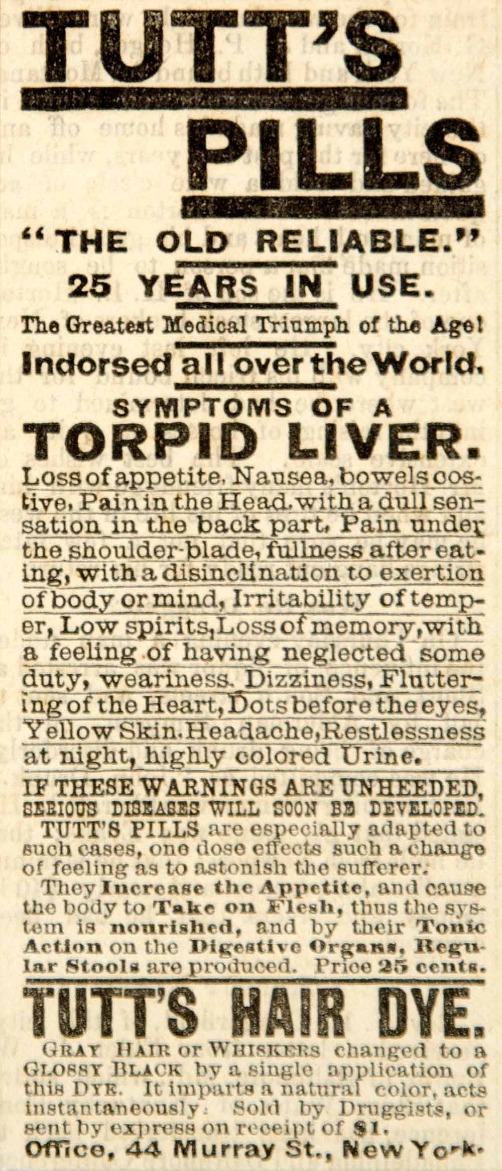 1886 Ad Tutt's Pills Hair Dye Liver Remedy Medical Quackery Quack Medicine YOA1