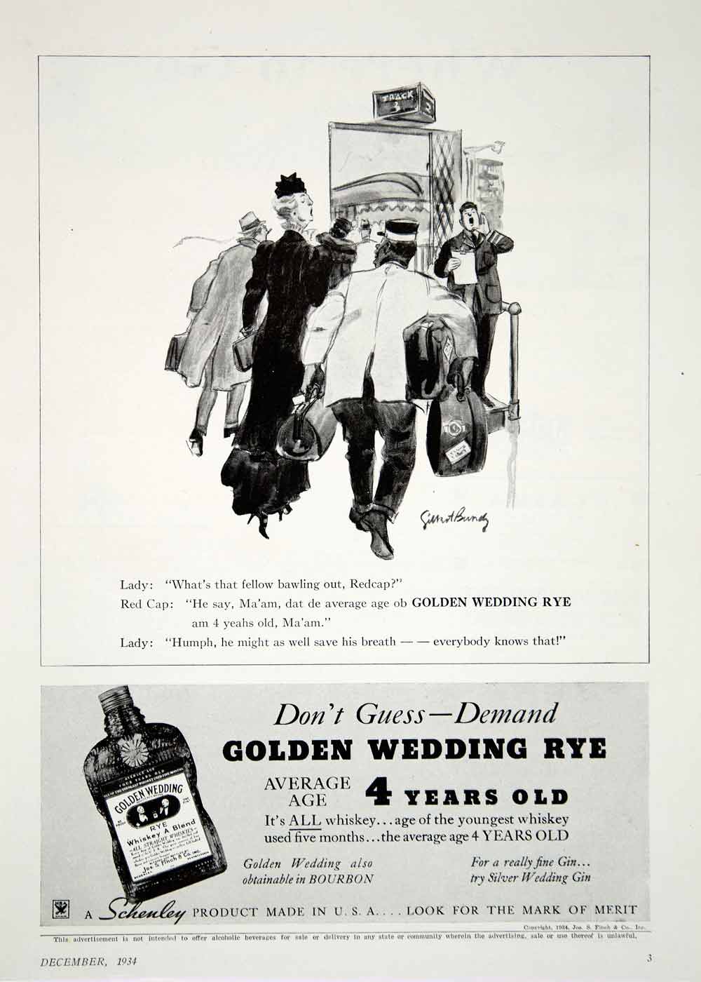 1934 Ad Jos S Finch Golden Wedding Rye Whiskey Gilbert Bundy Art Liquor YOL1