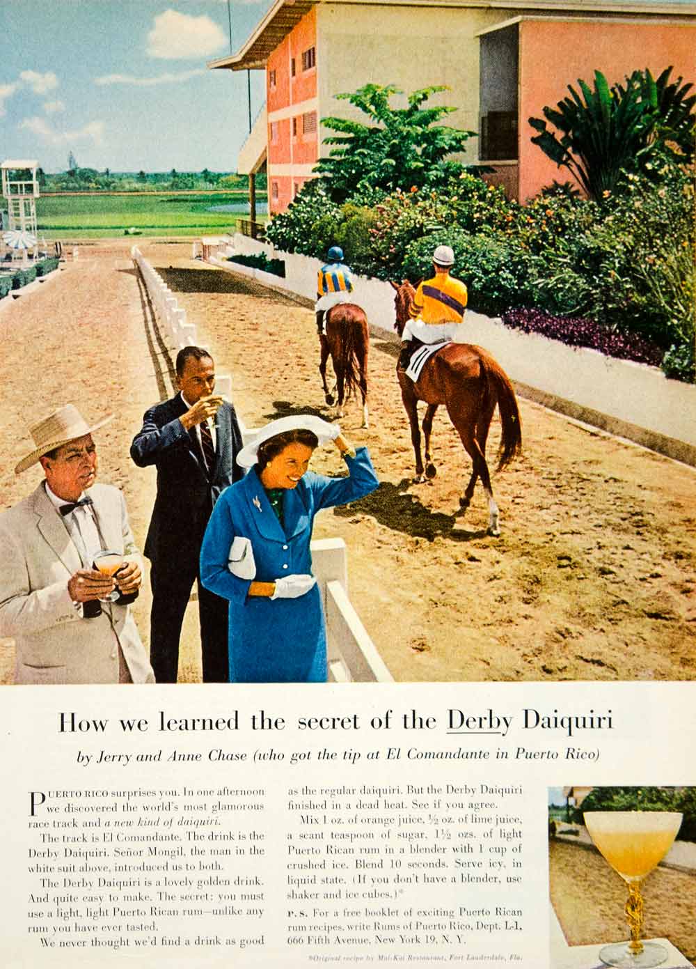 1959 Ad Puerto Rican Rum Derby Daiquiri El Comandante Horse Race Liquor YOL1