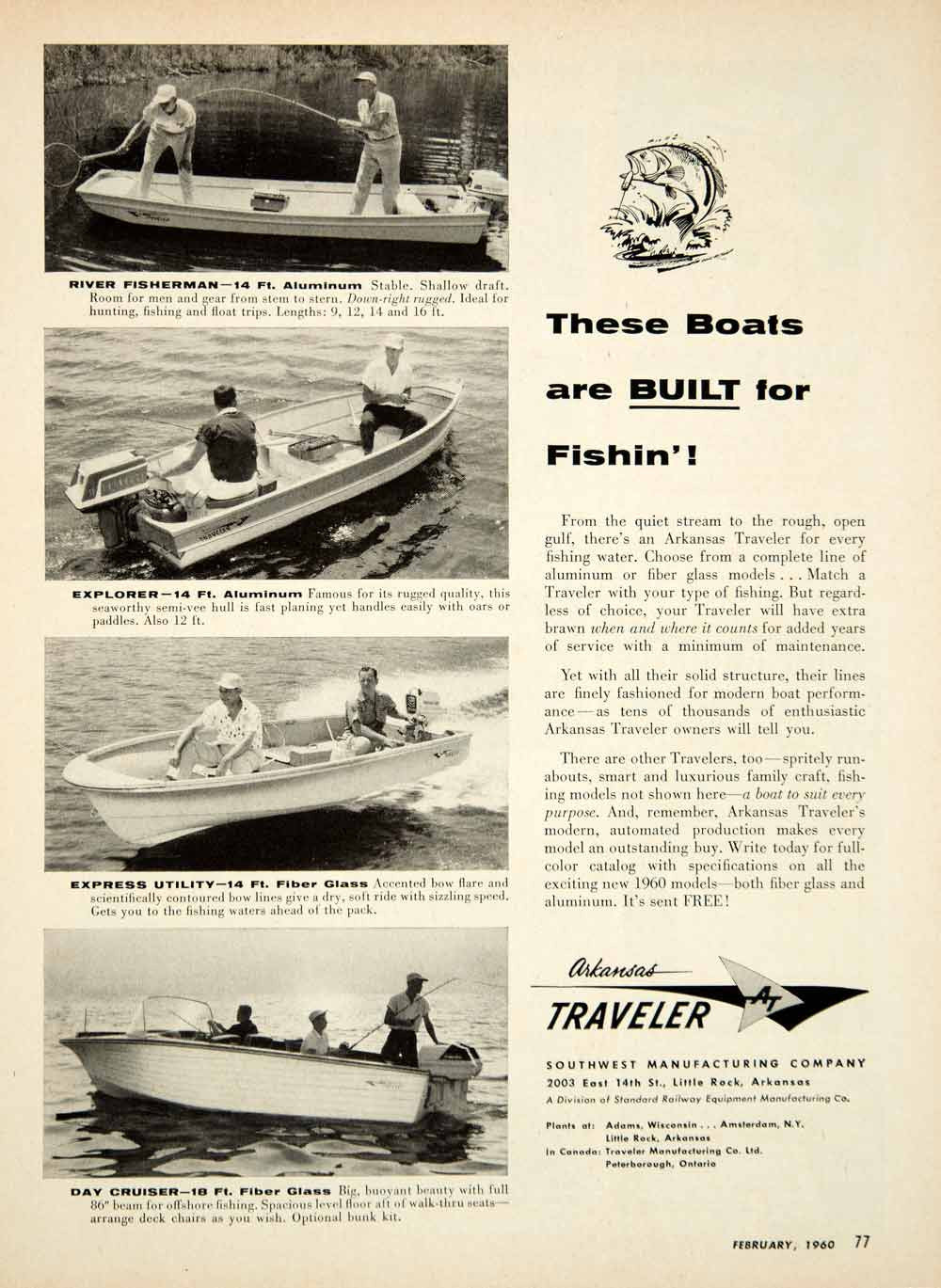 1960 Ad Arkansas Traveler River Fisherman Explorer Aluminum Boat Day YOL1