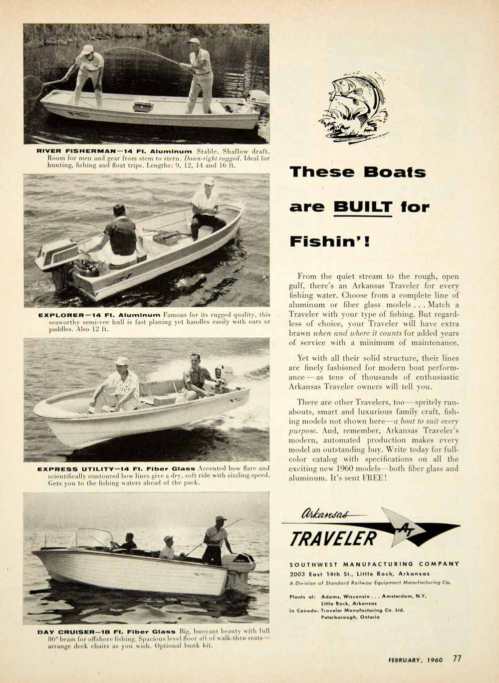 1960 Ad Arkansas Traveler River Fisherman Explorer Aluminum Boat Day Y