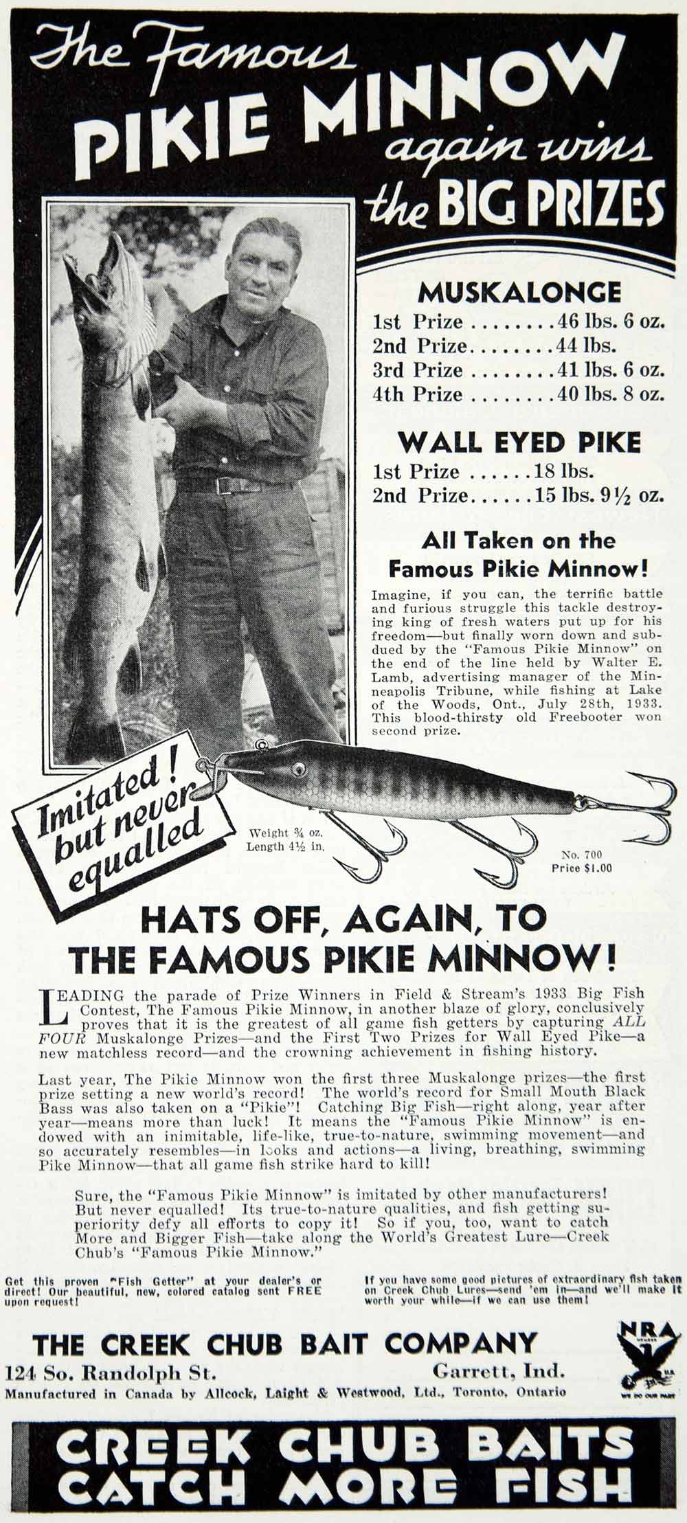 1934 Ad Creek Chub Bait Tackle Fishing Pikie Minnow Lure Sportsman YOL1