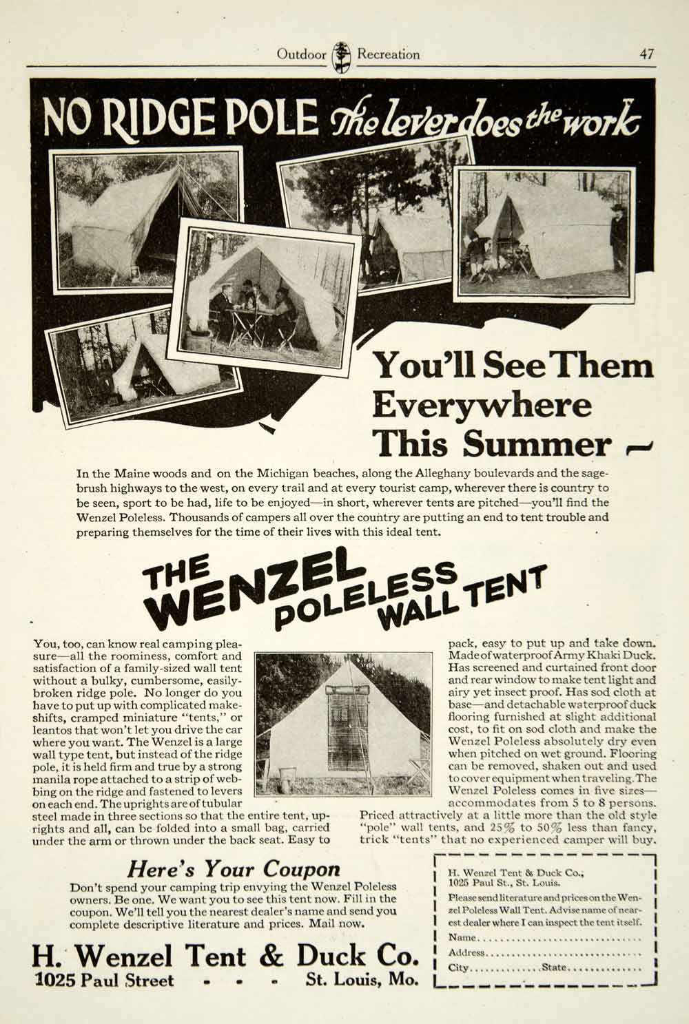 1925 Ad H Wenzel Poleless Wall Tent Army Khaki Duck Camping Sporting Goods YOR1