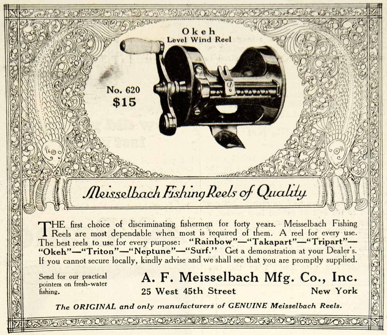 1925 Ad AF Meisselbach Fishing Reel 25 W 45th St NYC Bait Tackle Sporting YOR1