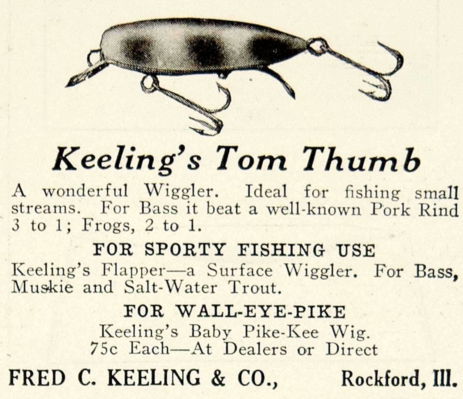 1925 Ad Fred C Keeling Tom Thumb Wiggler Fishing Lure Bait Tackle