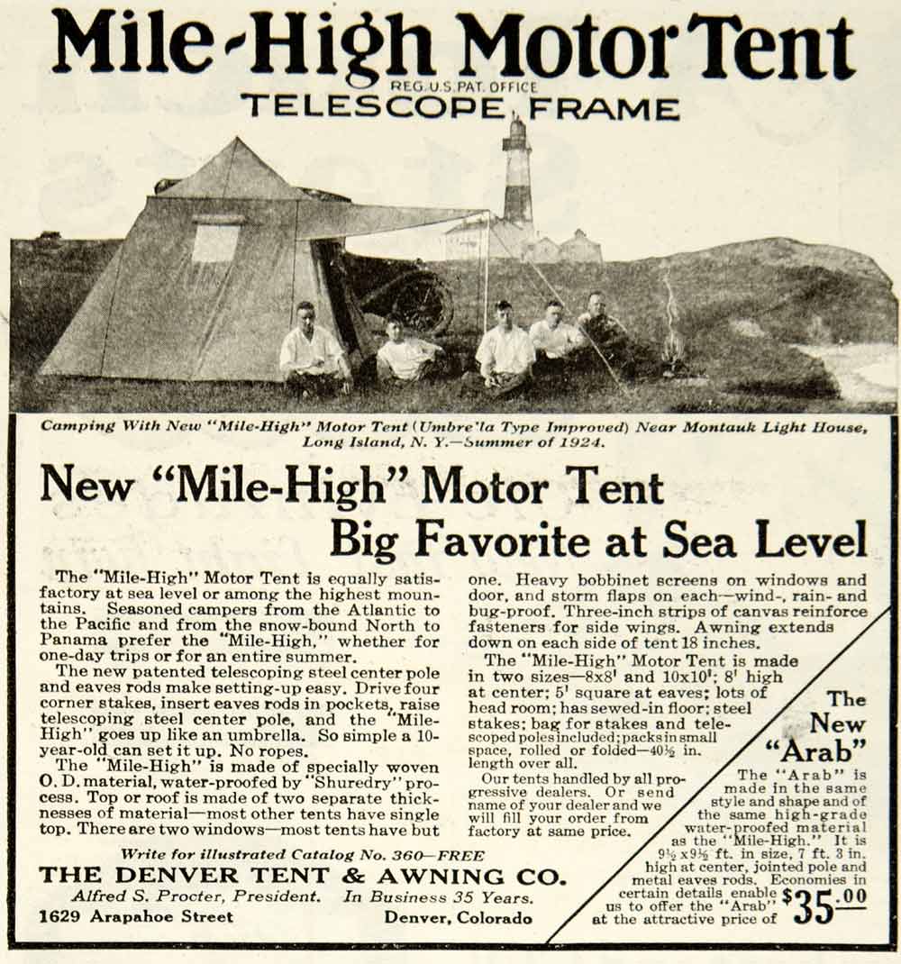 tent motor 1925 Ad Denver Tent & Awning Mile High Motor Camping Sporting Goods Hu – Period Paper Historic Art LLC