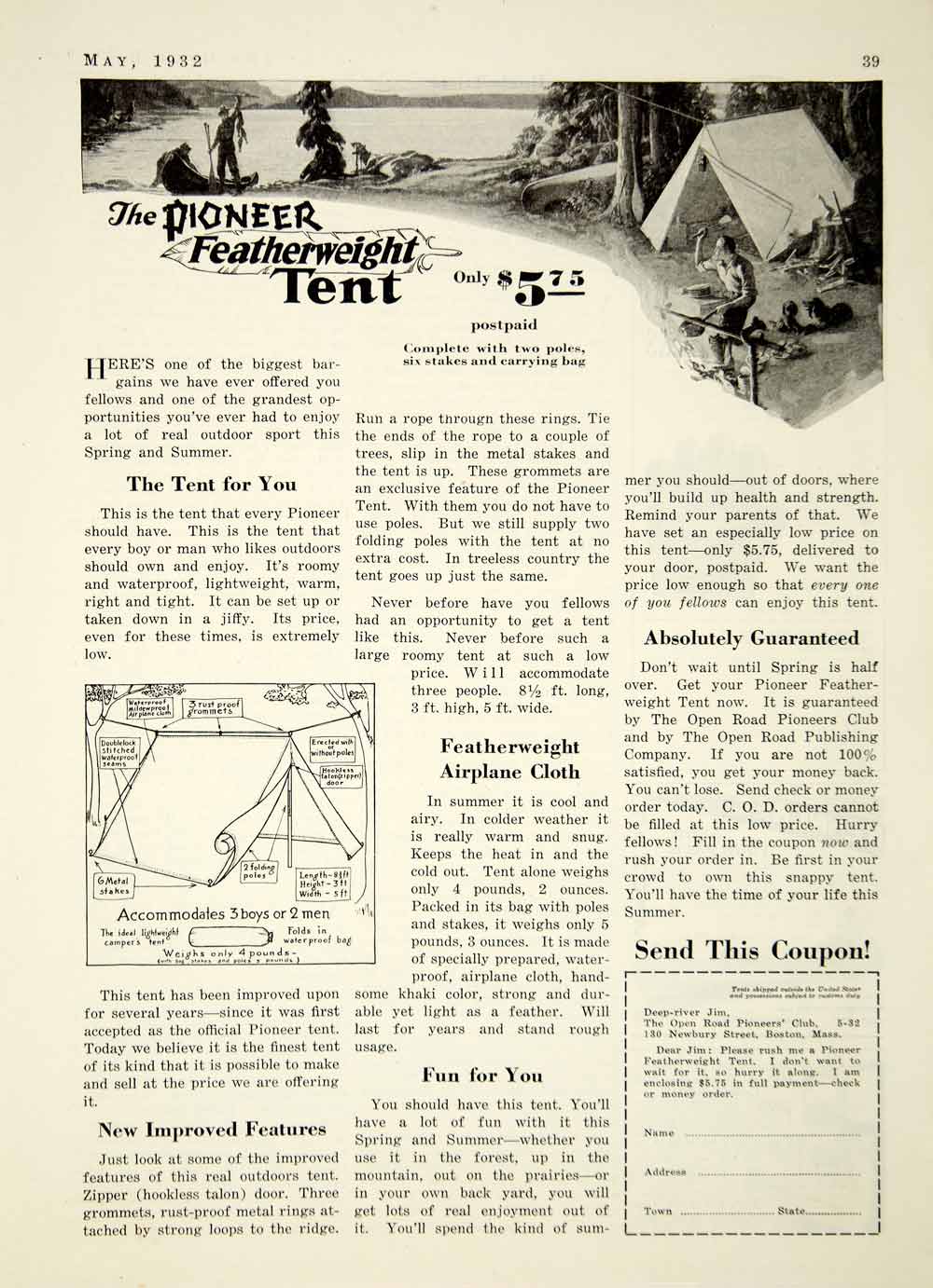 1932 Ad Pioneer Featherweight Tent Airplane Cloth Camping Outdoors 130 YOR2