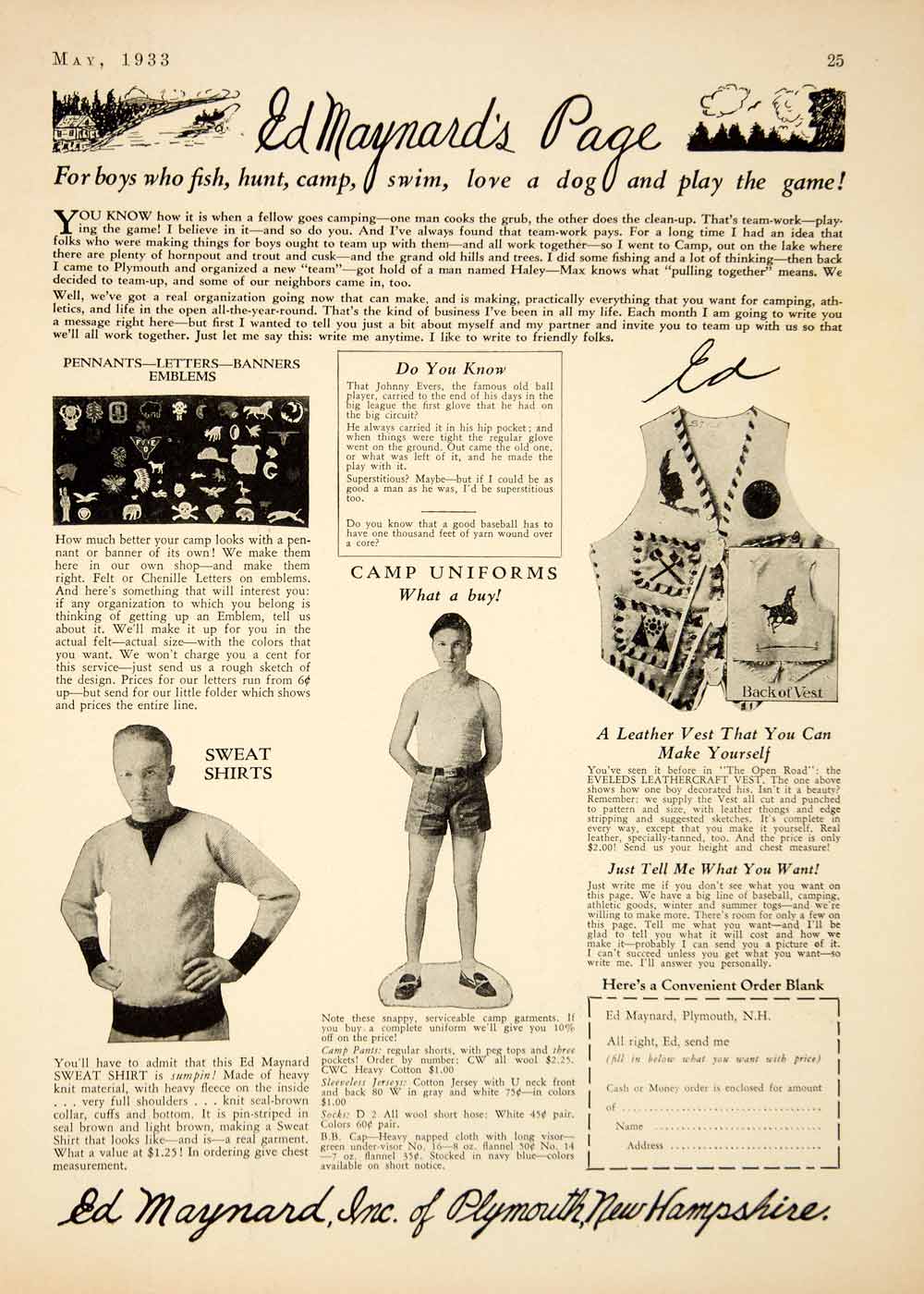 1933 Ad Ed Maynard's Page Leather Vest Uniforms Sweatshirt Clothing Boys YOR2