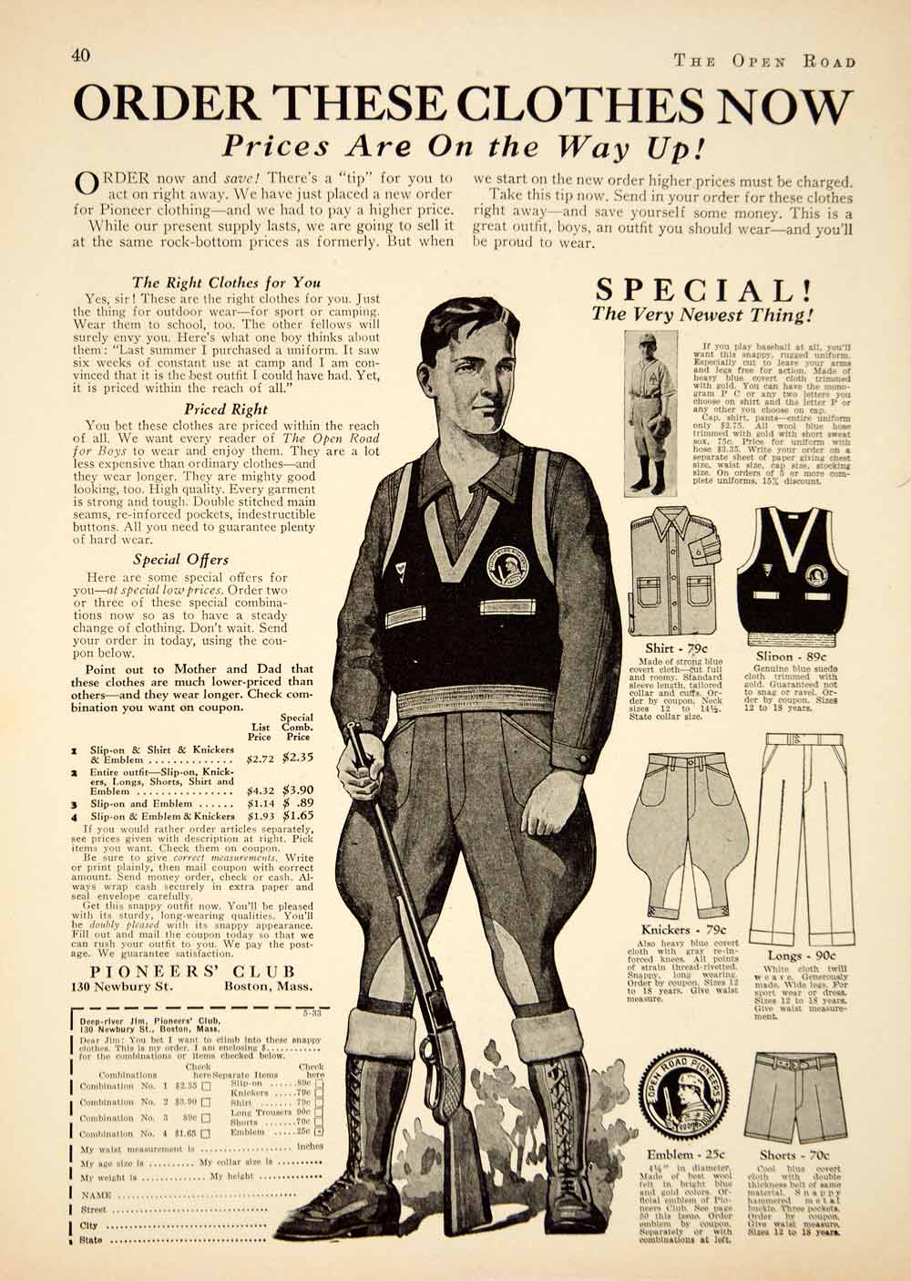 1933 Ad Pioneer Uniform Club Vest Slipon Shorts Knickers Rifle Boy Clothing YOR2