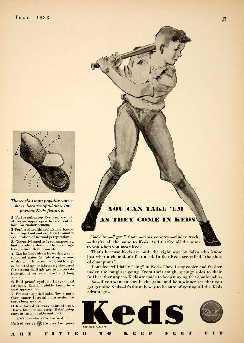 1933 Ad Keds Shoes Baseball Boy Batter Swing United States Rubber Insole YOR2